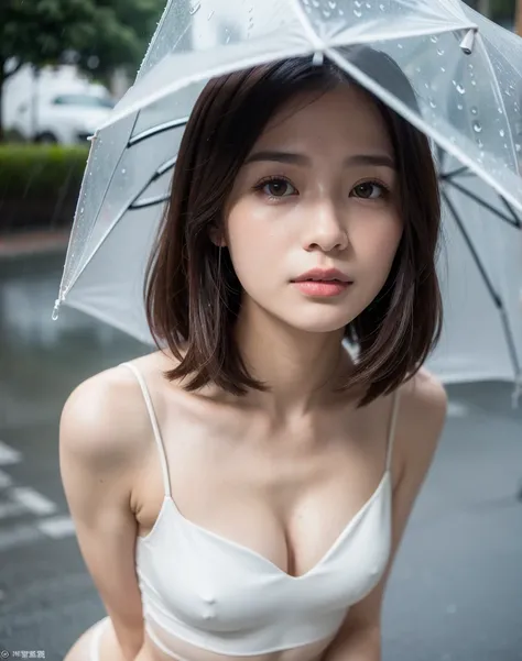 (Highest quality, 8K, masterpiece:1.3)), concentrated:1.2, Perfect Body Beauty:1.4, Hips:1.2, ((Layered Haircut, chest:1.2)), (Wet clothes:1.1) , (rain, street:1.3), Bandeau dress: 1.1, Highly detailed face and skin texture, Beautiful Eyes, double eyelid, ...