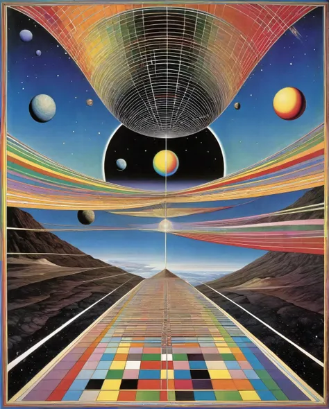 the dream of space album
cover, in the style of paul
laffoley, distorted figuration,
shwedoff, 1970–present, grid,
technicolor dreamscapes, linear
perspective