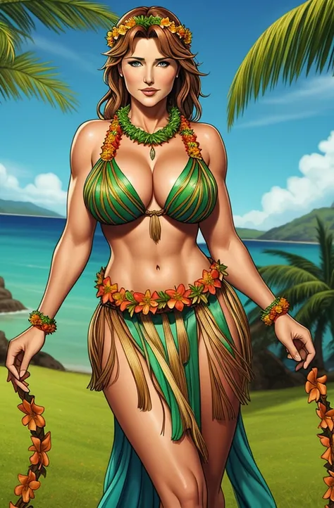 Lucy Lawless wearing a garland of flowers, long brown hair, girl wearing a lei, grass skirt
