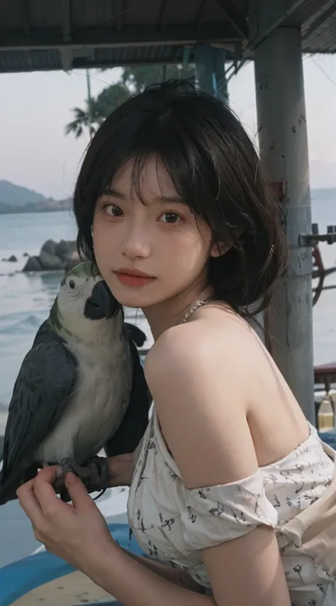 A girl wearing a bikini at the beach，Sunrise light，Exquisite facial features，Beautiful face，No freckles，Perfect face，Beautiful scenery，Matte，Intricate details，Ultra HD，Feeling，There is a parrot by my side