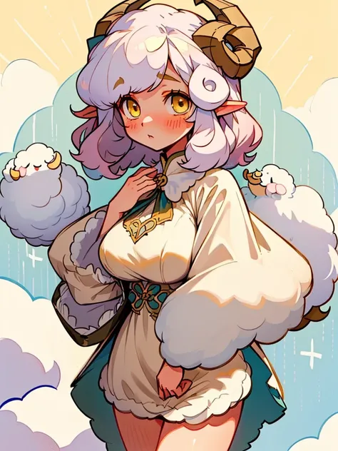 female, short white curly hair, long low-hanging droopy lamb ears, fluffy fur lined short dress, curvy, shy, blush, fluffy socks, fair skin, sheep girl, yellow eyes, anime inspired, manga inspired, soft lines, lamb girl, cute cartoon sheep, soft colors