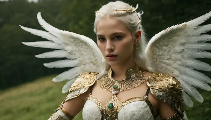 (wide angle),(Aetherpunk style:1.4),8k , ultra quality ,nature, pagan imagery, intricate detailed bright face, beautiful valkyrie , blac hair, gold detailed holy gorgeous armor, intricate detailed wide angelic wings on her back,spreading angelic wings wide...