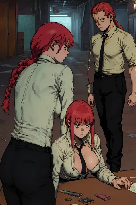 Dorohedoro style, Makima from Chainsawman, sexy girl with red hair in a braid, white tight shirt through which large sexy breasts shine through, black tight office trousers, black tie