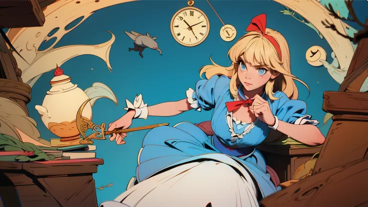 make an illustration that represents the first chapter of Alice in Wonderland, make Alice blonde