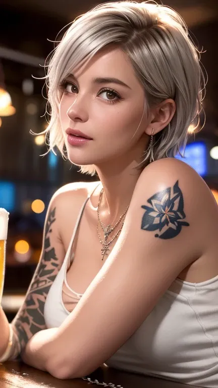 In the dimly lit atmosphere of a hipster bar, warm and cool tones blend seamlessly. The photograph captures a Scandinavian woman playfully licking the rim of a beer-frosted glass, exuding full charm. Adorned with intricate tattoos on both arms, she wears a...