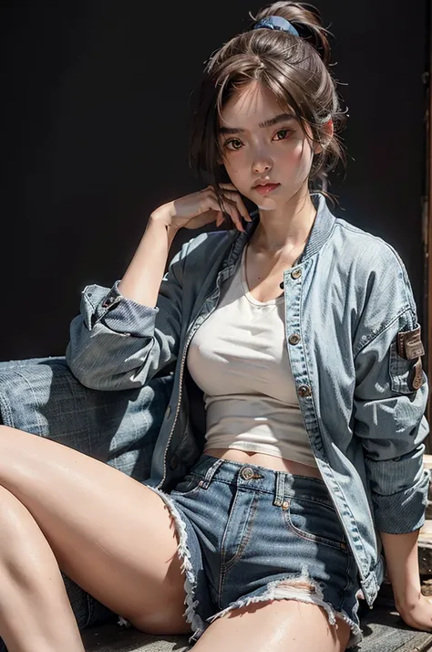 Highest quality, masterpiece, Ultra-high resolution, (Realistic:1.4), RAW Photos, One girl, Upper Body, Sitting, Deep Shadow, Dark Theme、White jacket、Brown Bob Hair、Brown ponytail、Denim mini skirt、Denim innerwear