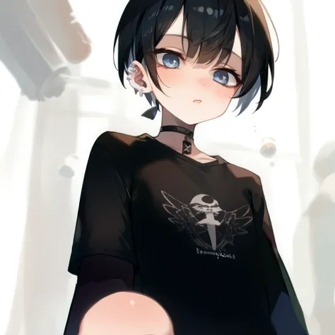 black hair 、young 、short hair、、piercings in both ears、neutral facial features、black t-shirt