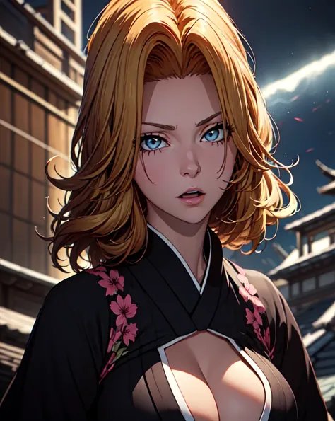 rangiku matsumoto, 1woman, meticulously detailed face eyes and body, ripped clothes, large breasts, dynamic pose, black kimono o...