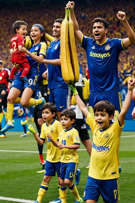 Fifa Champions with bananas and children and adults 