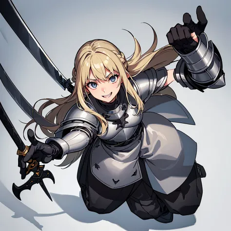 (((Solo)))、Highest quality, Best Quality、、Best illustrations、(Full body character concept、detailed)、(((Simple grey armor、Black trousers、Black gloves))、(woman、18-year-old)、(Blonde、Long Hair)、(((Grab the sword)))、Dramatic Angle、(White background)、(From above...