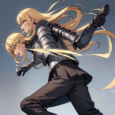 (((Solo)))、(Full body character concept)、Highest quality, Best Quality、(((Simple grey armor、Black trousers))、(woman、18-year-old)、(Blonde、Long Hair)、(Simple Background)、(Open your mouth)、(From below)、Intense light、、meteor、Movement angle、(From the side、profi...