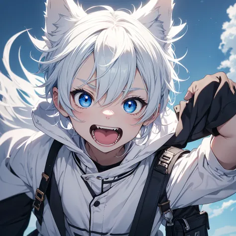 Solo anime male young toddler with wolf ears and messy short white hair and large blue eyes with a excitement expression with an open mouth and wide-eyed look