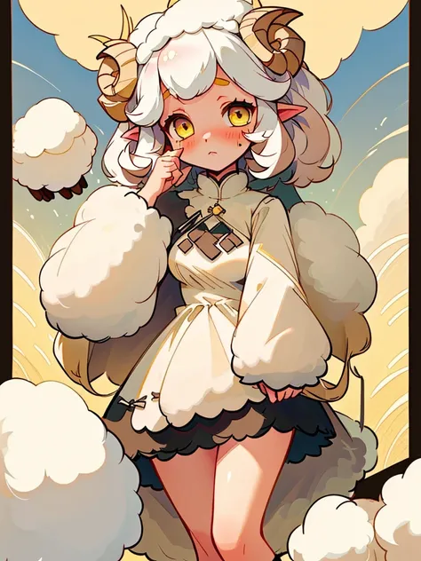 female, short white curly hair, furry long droopy lamb ears, fluffy fur lined short dress, curvy, shy, blush, fluffy socks, fair skin, sheep girl, yellow eyes, anime inspired, manga inspired, soft lines, lamb girl, sheep girl, cute cartoon sheep, soft colo...