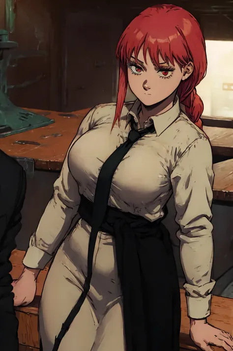 dorohedoro style, makima from chainsawman, sexy girl with red hair in a braid, white tight shirt through which large sexy breast...