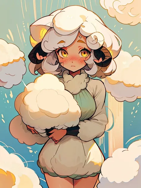 female, short white curly hair, furry long droopy lamb ears, fluffy fur lined short dress, curvy, shy, blush, fluffy socks, fair skin, sheep girl, yellow eyes, anime inspired, manga inspired, soft lines, lamb girl, sheep girl, cute cartoon sheep, soft colo...