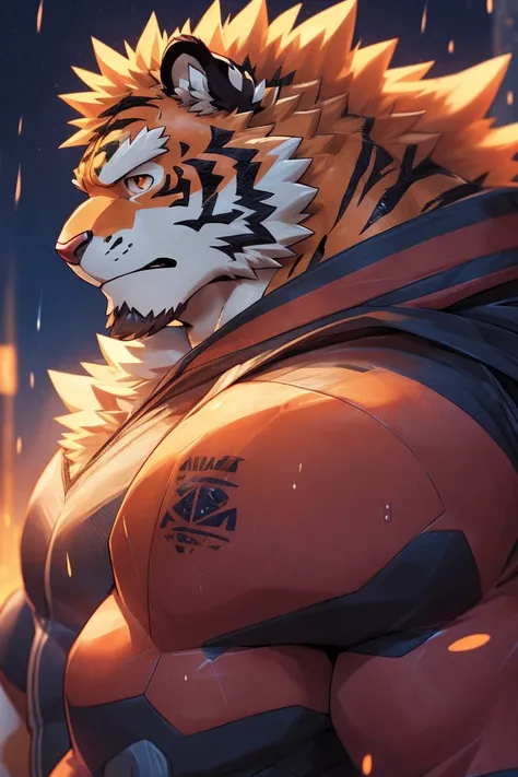 human nature, Wildlife, male,36 years old，Uncle， solitary, ((Round Face, The face is plump,Orange eyes,Thick orange hair，With scars)), ((Endomorph, Handsome，Hot Blood)), （Mecha suit，No electricity，exhaustion), ((domestic tiger, tiger，) Fluffy fur, Fluffy),...