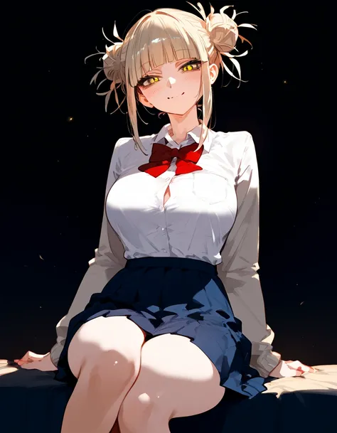 anime artwork, score_9, score_8_up, score_7_up, score_6_up, score_5_up, score_4_up, Himiko toga, big breasts, she is 24 years old, style_3, ,,, yellow eyes , , , , _, , s. sit,school outfit, black background