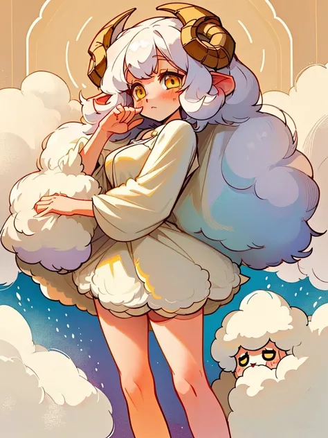 female, short white curly hair, furry long droopy lamb ears, fluffy fur lined short dress, curvy, shy, blush, fluffy socks, fair skin, sheep girl, yellow eyes, anime inspired, manga inspired, soft lines, lamb girl, sheep girl, cute cartoon sheep, soft colo...