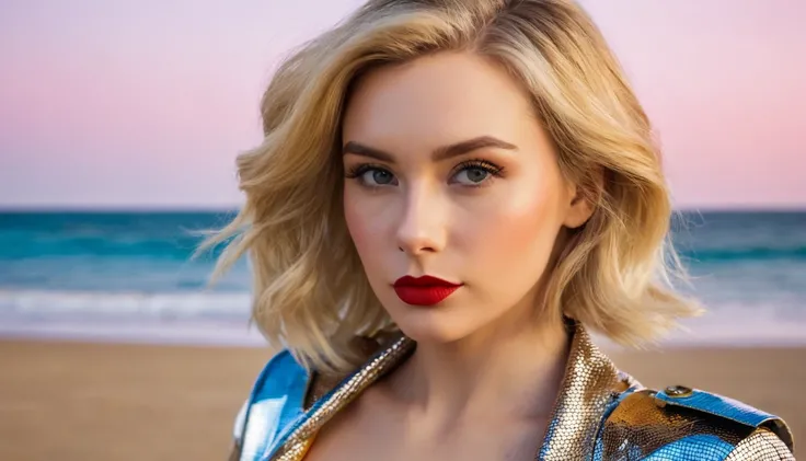 A panoramic photo featuring a 28 yo Arkansas woman sitting in front of a colorful, ocean background. The woman is wearing gold and chrome Mech battle gear. She has shoulder-length, slightly wavy, bright blond hair that falls over her shoulders. Her face is...