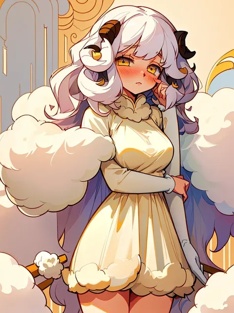 female, short white curly hair, furry long droopy lamb ears, fluffy fur lined short dress, curvy, shy, blush, fluffy socks, fair skin, sheep girl, yellow eyes, anime inspired, manga inspired, soft lines, lamb girl, sheep girl, cute cartoon sheep, soft colo...