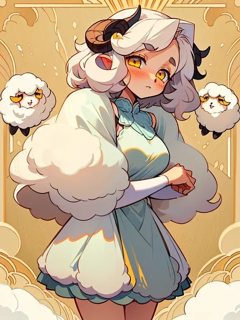 female, short white curly hair, furry long droopy lamb ears, fluffy fur lined short dress, curvy, shy, blush, fluffy socks, fair skin, sheep girl, yellow eyes, anime inspired, manga inspired, soft lines, lamb girl, sheep girl, cute cartoon sheep, soft colo...