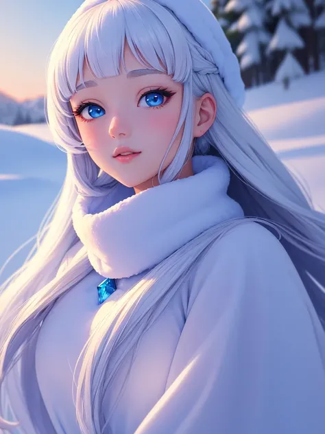 close up on a girl with unique beauty, a snow princess,maximum quality eyes of deep and attractive beauty,high quality,Anime art,hight contrast,long  hair,snow scene