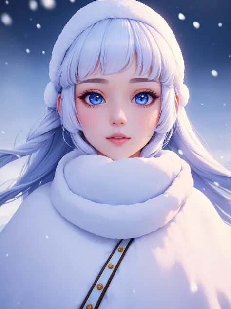 close up on a girl with unique beauty, a snow princess,maximum quality eyes of deep and attractive beauty,high quality,Anime art,hight contrast,long  hair,snow scene