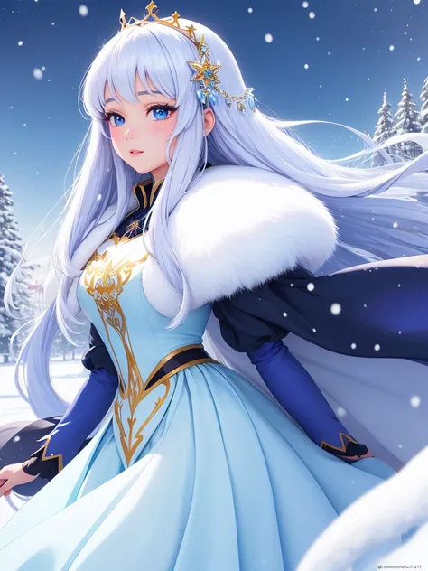 close up on a girl with unique beauty, a snow princess,maximum quality eyes of deep and attractive beauty,high quality,Anime art,hight contrast,long  hair,snow scene