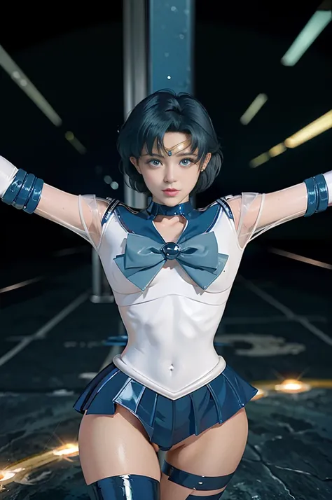 Highest quality，masterpiece，Ultra-high resolution, Very detailed, 8K，(Beautiful woman)，One person，40 years old, (Sailor Mercury), (Facial details, Bright Blue Eyes, Beautiful Face, Beautiful Eyes, Shining Eyes, thin lips, thin, sharp, thin眉毛, length, Black...