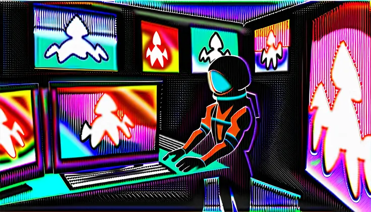 Chinese astronauts，Chinese astronauts明日香雕像，Red EVA-02 wallpaper，Two monitors stand，Gaming equipment on the table，White Gloves Characters，Covering the face with one hand。Under colorful neon lights，Vitality。Each screen，Asukaya is eye-catching，Artist&#39;s un...