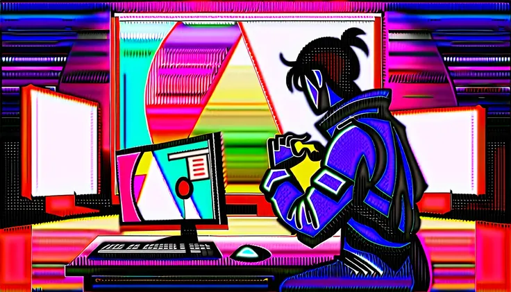 Chinese astronauts，Chinese astronauts明日香雕像，Red EVA-02 wallpaper，Two monitors stand，Gaming equipment on the table，White Gloves Characters，Covering the face with one hand。Under colorful neon lights，Vitality。Each screen，Asukaya is eye-catching，Artist&#39;s un...