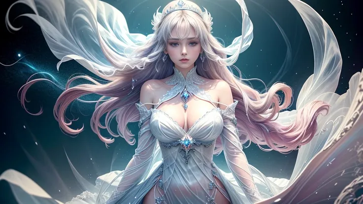 (masterpiece, 最high quality, the best, Official Art, Beautiful and beautiful, Long-term exposure: 1.2), Smooth movement, Attractive patterns, 1 Girl, (Long sleeve dress: 1.3), (((White clothes) )), Delicate face,Lavender colored hair,Wavy Hair, Gradient Ha...