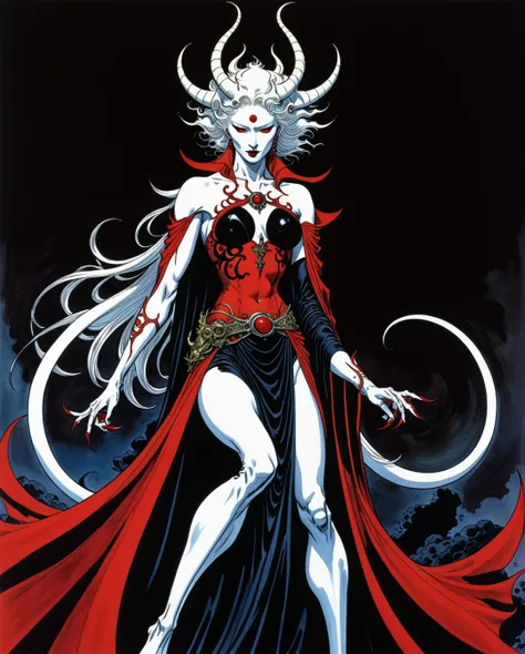 amano yoshitaka, the white demon by sandra
murphy, in the style of dc
comics, colored cartoon style,
dark black and crimson,
graceful curves, marvel comics,
elongated figures, victoria goth