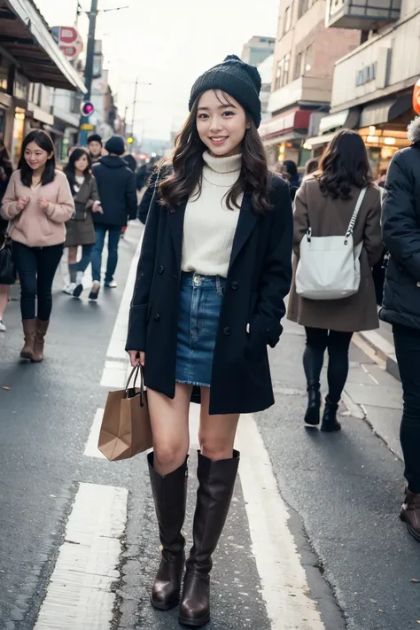 Maximum image quality、of the highest quality、highest resolution、Masterpiece、SMILE、Look at the camera、low angle shot、full body shot、beautiful mature woman of 38 years、long curly light brown hair、atar、brown bra and panatars、knitted hat、socks、knee high boots、...