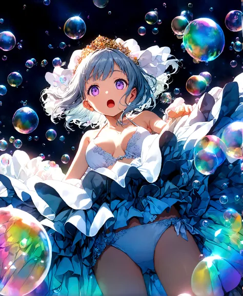 ((32k)), ((best quality)), ((ultra high res)), ((HDR)), ((UHD)), ((extremely detailed CG)), ((unity 32k wallpaper)), (((beautiful child))), (((10 years old))), (((beautiful face))), (((white bikini))), ((((Wedding dress)))), light blue hair, purple eyes, (...