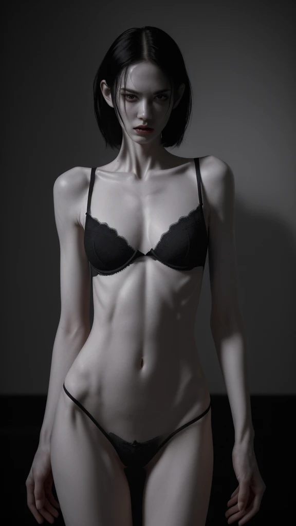 a thin woman, extremely emaciated, pale skin, visible bones, wearing only panties and bra, tattoos, sweaty body, full body view, tied up, (best quality,4k,8k,highres,masterpiece:1.2),ultra-detailed,(realistic,photorealistic,photo-realistic:1.37),cinematic ...