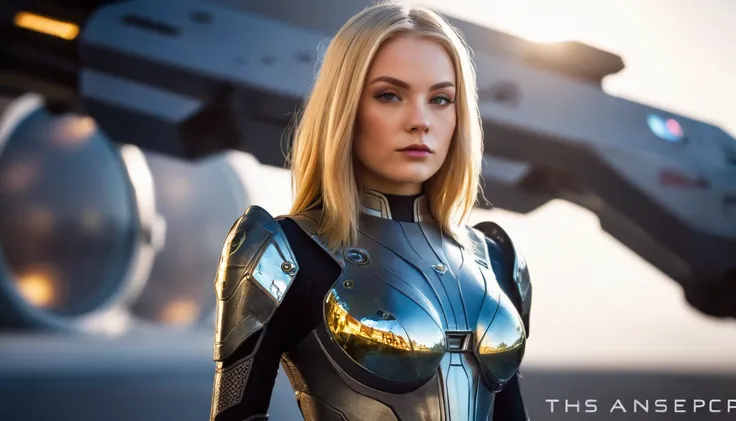 a beautiful 21 yo Arkansas woman with long blond hair wearing a Venusian military battle suit next to gold and chrome Venusian spacecraft, intricate detailing, HDR, vibrant contrast, 32k resolution, luminism lighting techniques, ultra-realistic digital ren...