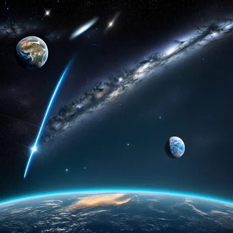 a view of the earth with a shooting star in the sky, shooting star in background, meteor, shining meteor, Approaching the Earth in space, shooting star, Stardust in the atmosphere, Space Photography, meteorite, Photographed from space, Approaching the Eart...