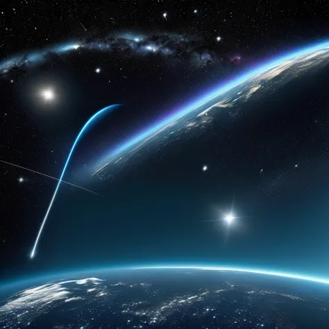 a view of the earth with a shooting star in the sky, shooting star in background, meteor, shining meteor, Approaching the Earth in space, shooting star, Stardust in the atmosphere, Space Photography, meteorite, Photographed from space, Approaching the Eart...