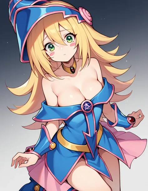 score_9, score_8_up, score_7_up, source_anime,
darkmagiciangirl, dark magician girl, blonde hair, choker, green eyes, long hair, blush, blush stickers,
bare shoulders, blue footwear, blush, blush stickers, cleavage, collarbone, duel monster, hat, off shoul...