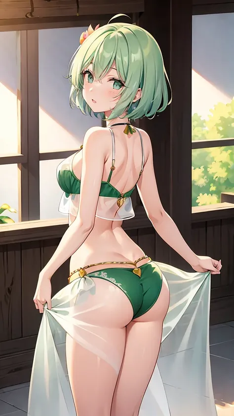 Girl with short green hair, Small breasts, Green Eyes, White Casual Wear Beauty Special、(((Peachy Butt))),Full body photo from head to toe、Belly dance、Dancer、National costume、See-through