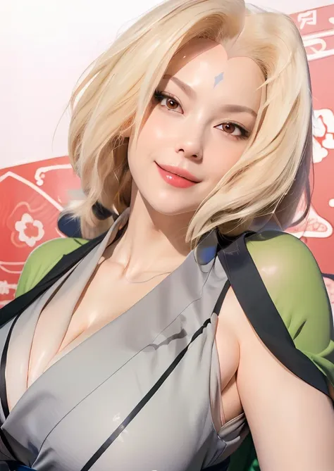 (best quality,masterpiece), Tsunade NS, Solitary, Japanese_clothing, breast, Large target_breast, kimono, (((丰满柔软的breast,)))（（巨Large targetbreast））((((Cleavage)))))) (Perfect curvy figure),, Smile, Lips, only_Shoulders, indoors, Alcohol, bottle, Sake_bottl...