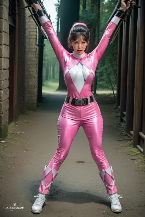 pink theme，pink ranger suit、curvy, big breats,  full body, tied on saint andrew's cross in x position