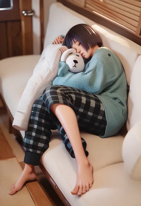 3D render of girl, Yanfei, yanfeidef, white oversized knit sweater, black plaid sweatpants, barefoot, sleeping on couch, cozy, no hat, night cabin