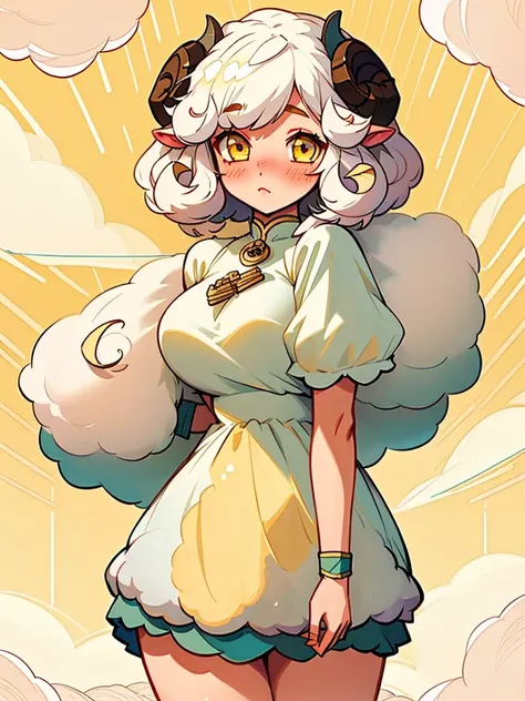 female, short white curly hair, sheep ears, white fur-lined short dress, curvy, shy, blush, fair skin, sheep girl, yellow eyes, anime inspired, manga inspired, soft lines, cute cartoon sheep, soft colors