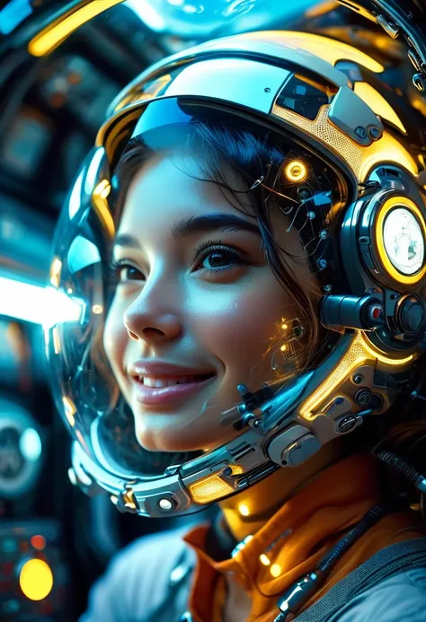 Future astronauts in space capsule, capacete de vidro，Beautiful face，Sweet smile，high tech，control Panel, high tech内饰, Metal and glass materials, Atmospheric lighting, Dramatic composition, Intricate details, Reality, Concept art style