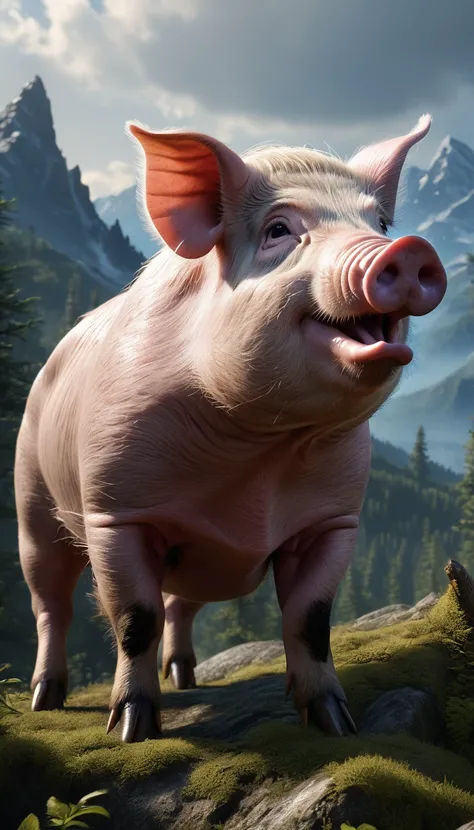 Mountains and forests，There is a kind of beast，Looks like a pig，But with bird claws，(best quality，4K，8K，High level，masterpiece：1.2），Ultra Detailed，（lifelike，Photo real，Photo real：1.37），Highly detailed animals，Realistic lighting，Fantasy Creatures