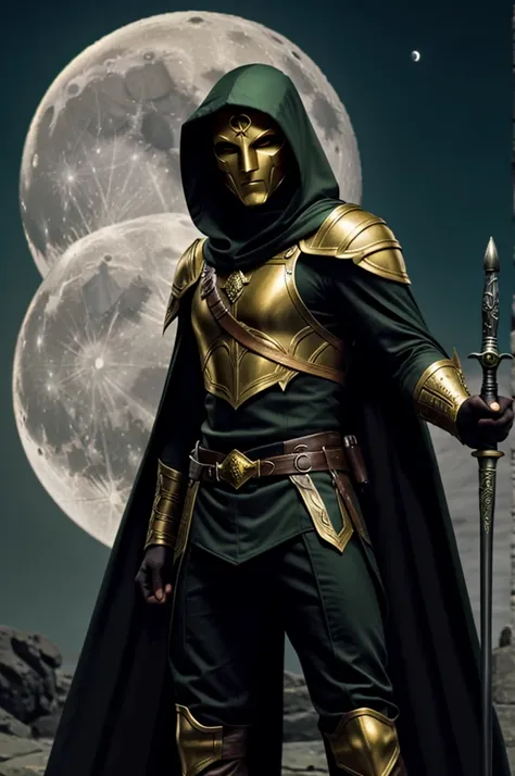 Male High elf rogue golden hair wearing golden mask with green eyes and black hood each hands holding dagger stand under the moon fullbody