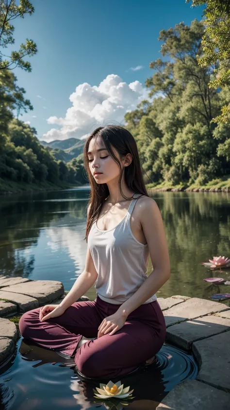 Image of a person in a meditation pose in a stunning landscape with lotus flower.