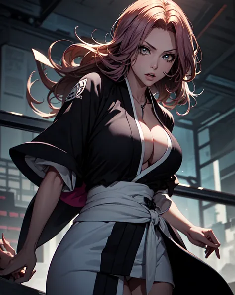 rangiku matsumoto, 1woman, meticulously detailed face eyes and body, ripped clothes, large breasts, dynamic pose, black kimono open at breast height Cinematic, Hyper-detailed, insane details, Beautifully color graded,Cinematic Lightning, Insanely detailed ...